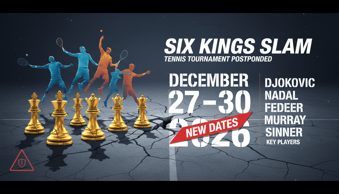 A promotional graphic for the Six Kings Slam tennis tournament featuring top players and new event dates.