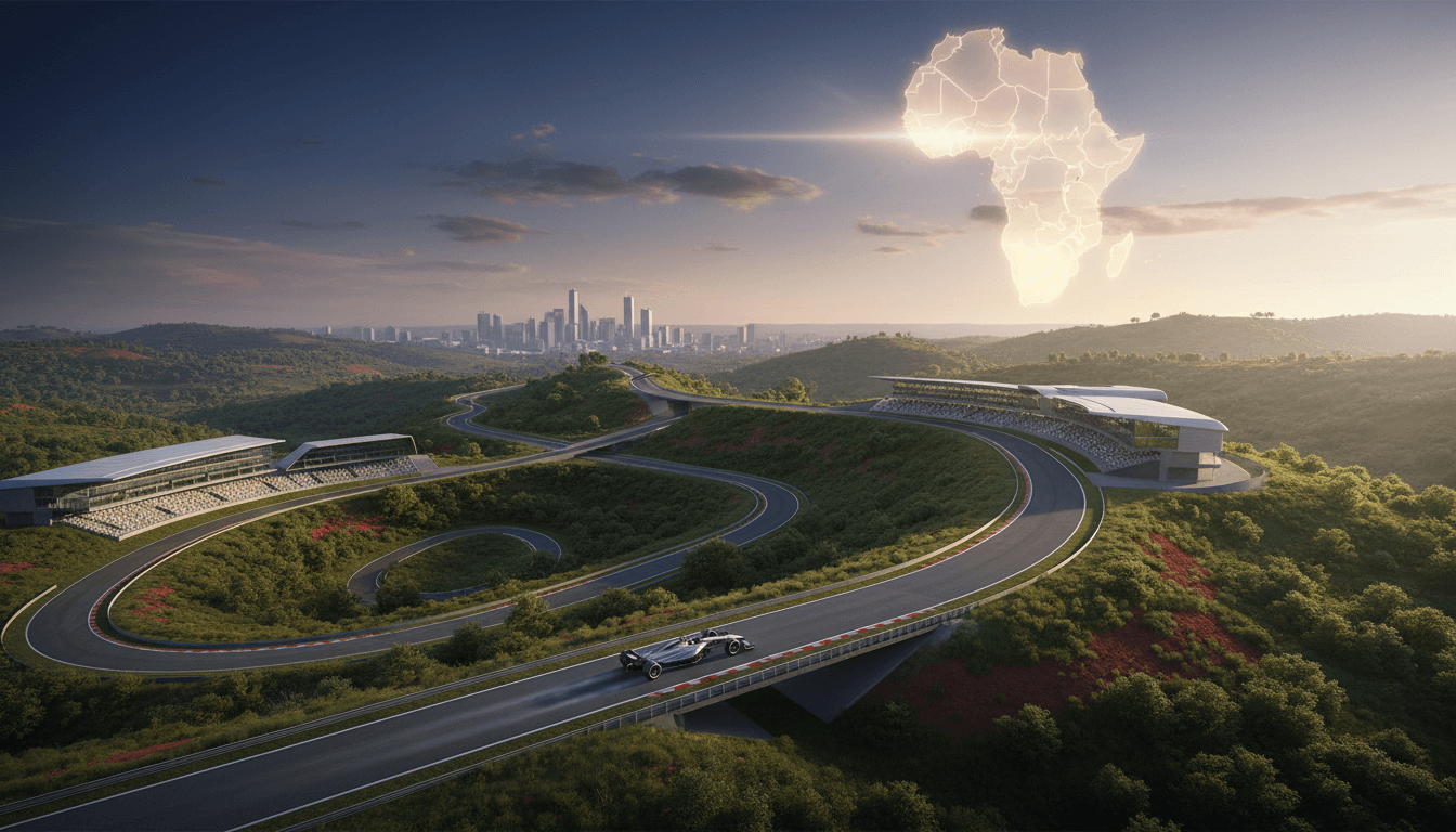 A conceptual design of the Bugesera circuit in Rwanda, highlighting its modern features and elevation changes.