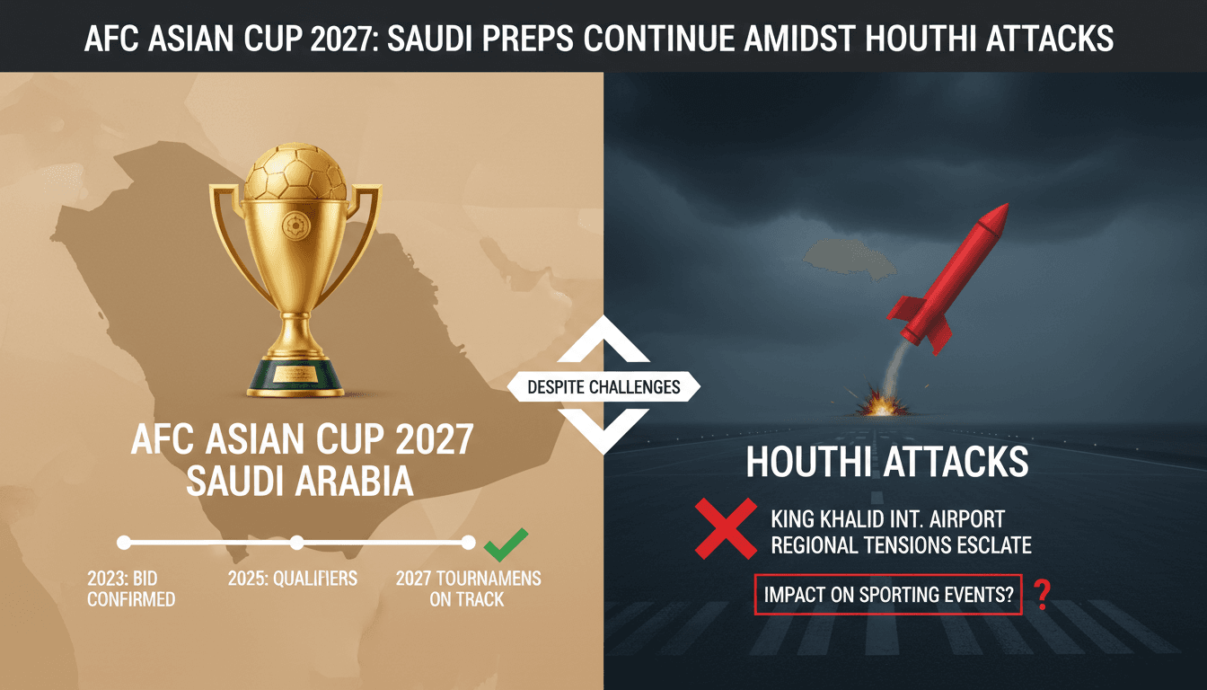 Infographic showing AFC Asian Cup 2027 preparations and Houthi attack statistics.