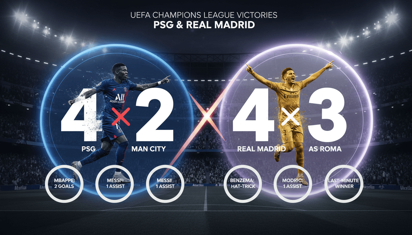 Action-packed moments from PSG's victory over Manchester City and Real Madrid's comeback against Roma in UEFA Champions League.