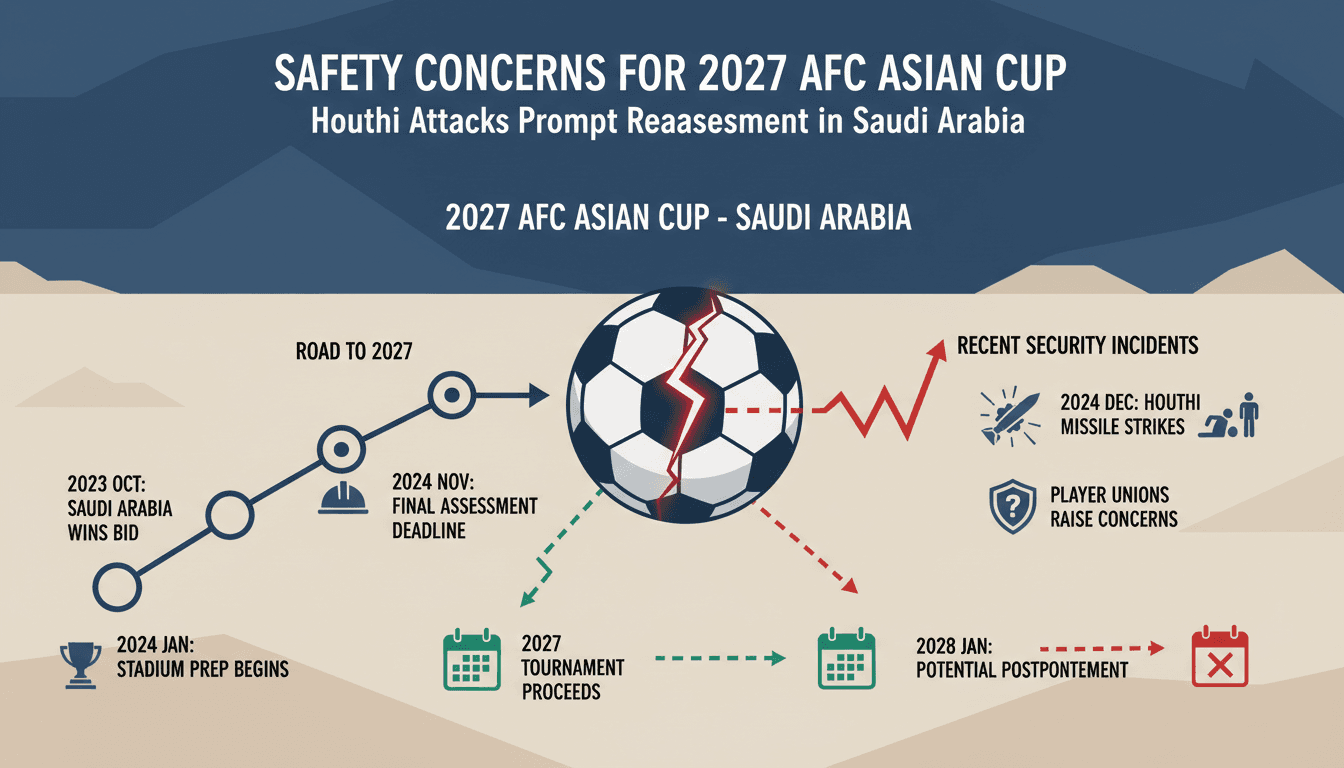 Infographic detailing the security concerns surrounding the 2027 AFC Asian Cup in Saudi Arabia due to Houthi attacks.