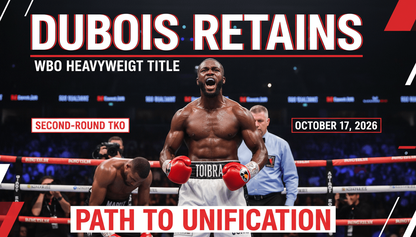 Daniel Dubois celebrating his WBO heavyweight title victory with key stats highlighted.