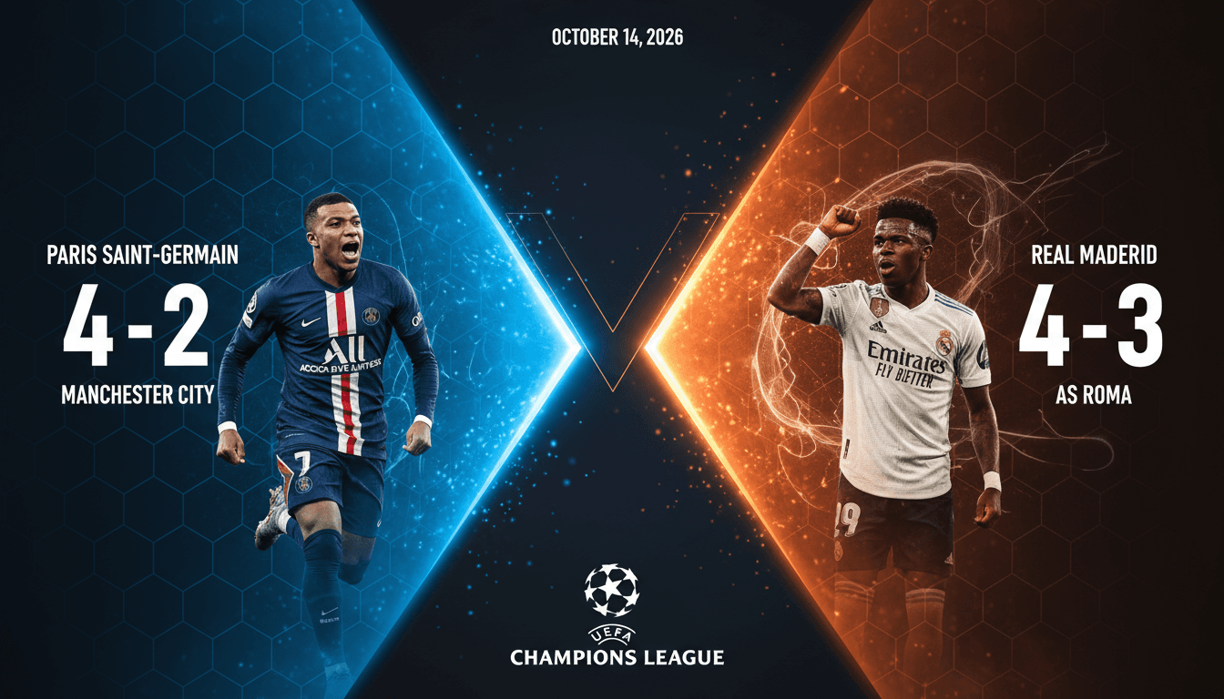 PSG and Real Madrid celebrating their victories in the UEFA Champions League matches on October 14, 2026.
