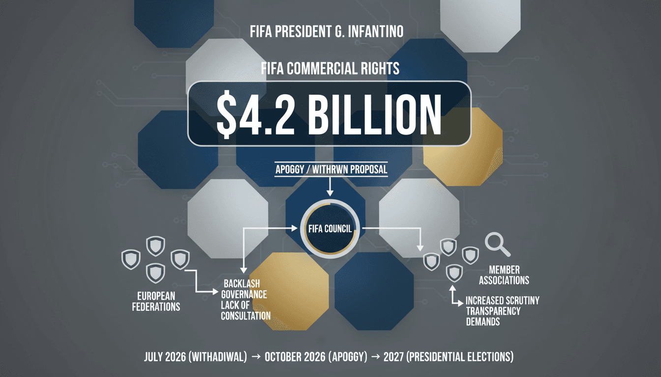 Infographic detailing FIFA President Gianni Infantino's apology and the $4.2 billion commercial rights proposal.