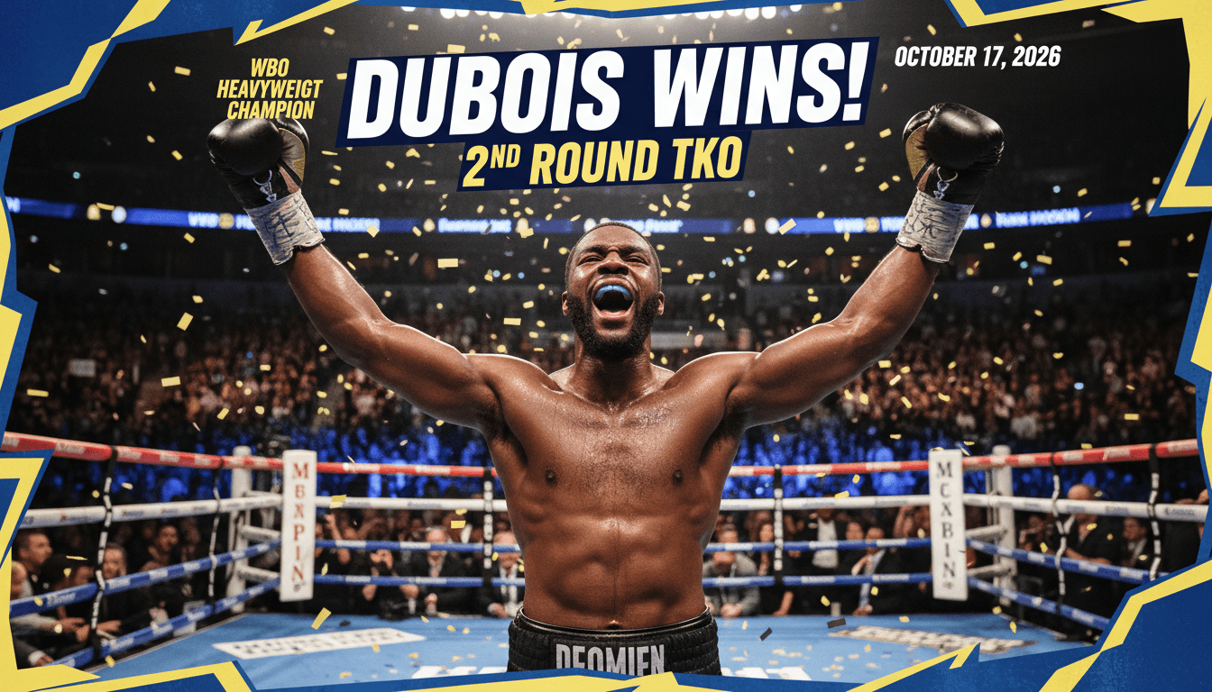 Daniel Dubois celebrating his WBO heavyweight title victory in the ring, showcasing his knockout power and future potential.