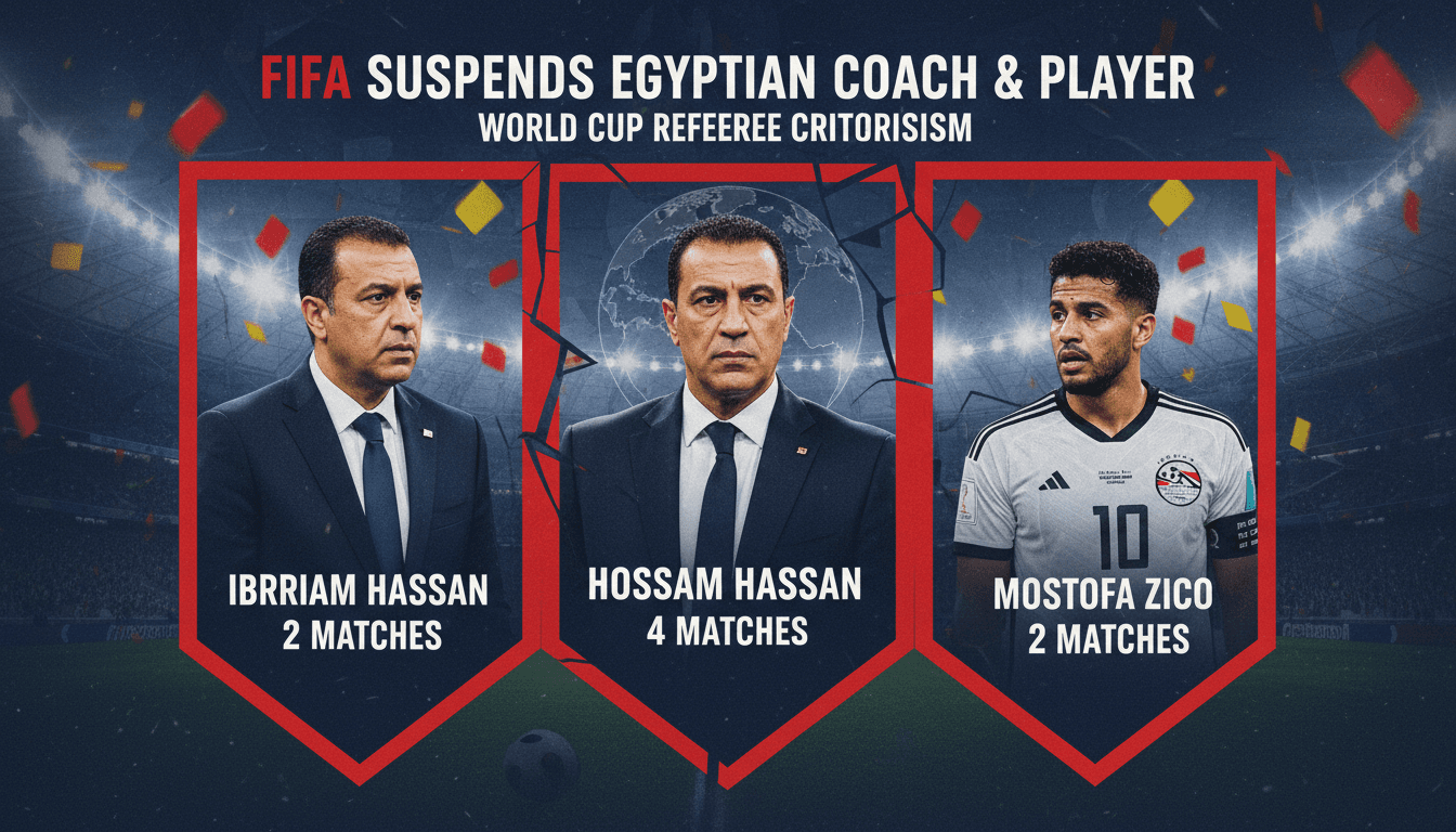 Graphic showing FIFA suspensions for Egyptian coach and player after World Cup referee criticism.