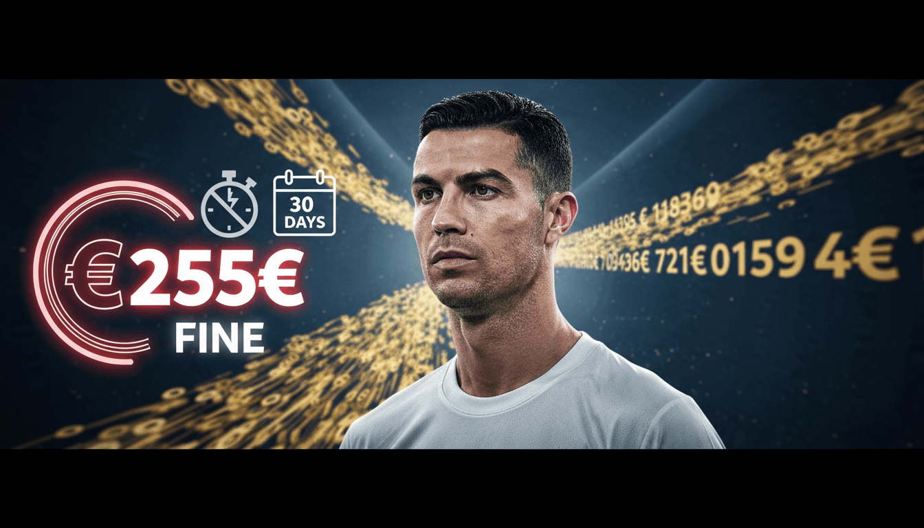 Cristiano Ronaldo with a €255 fine highlighted against his annual salary backdrop.