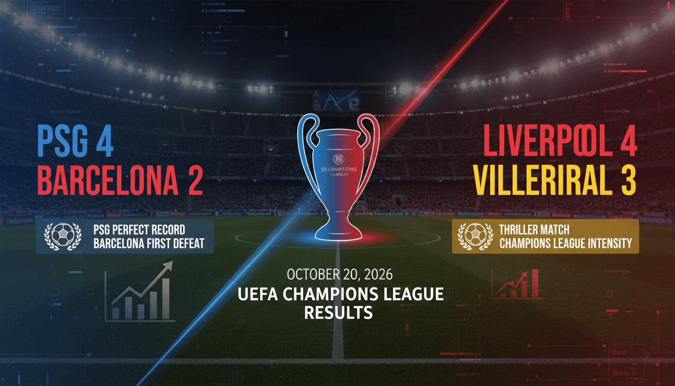Action shot from the UEFA Champions League matches featuring PSG and Barcelona, highlighting key moments and scores.