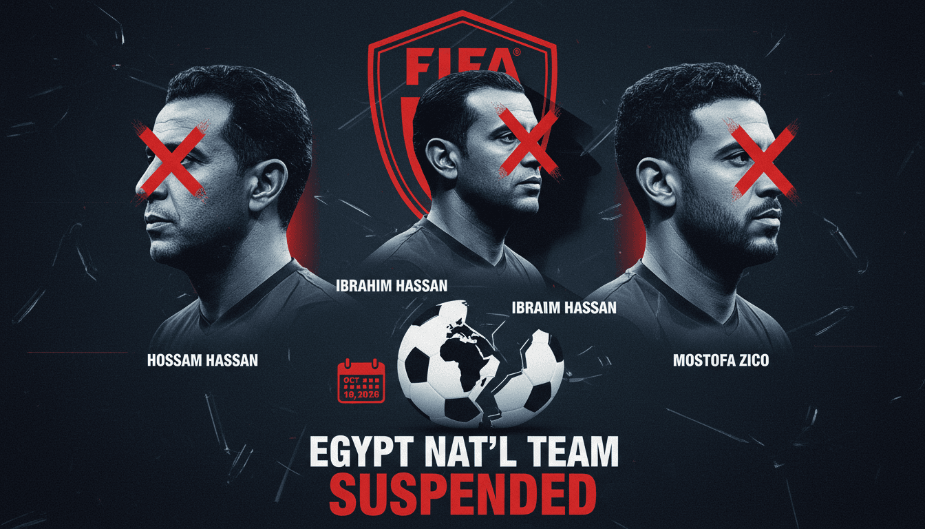 Infographic showing FIFA suspensions of Egypt's coach and players, highlighting the impact on upcoming matches.