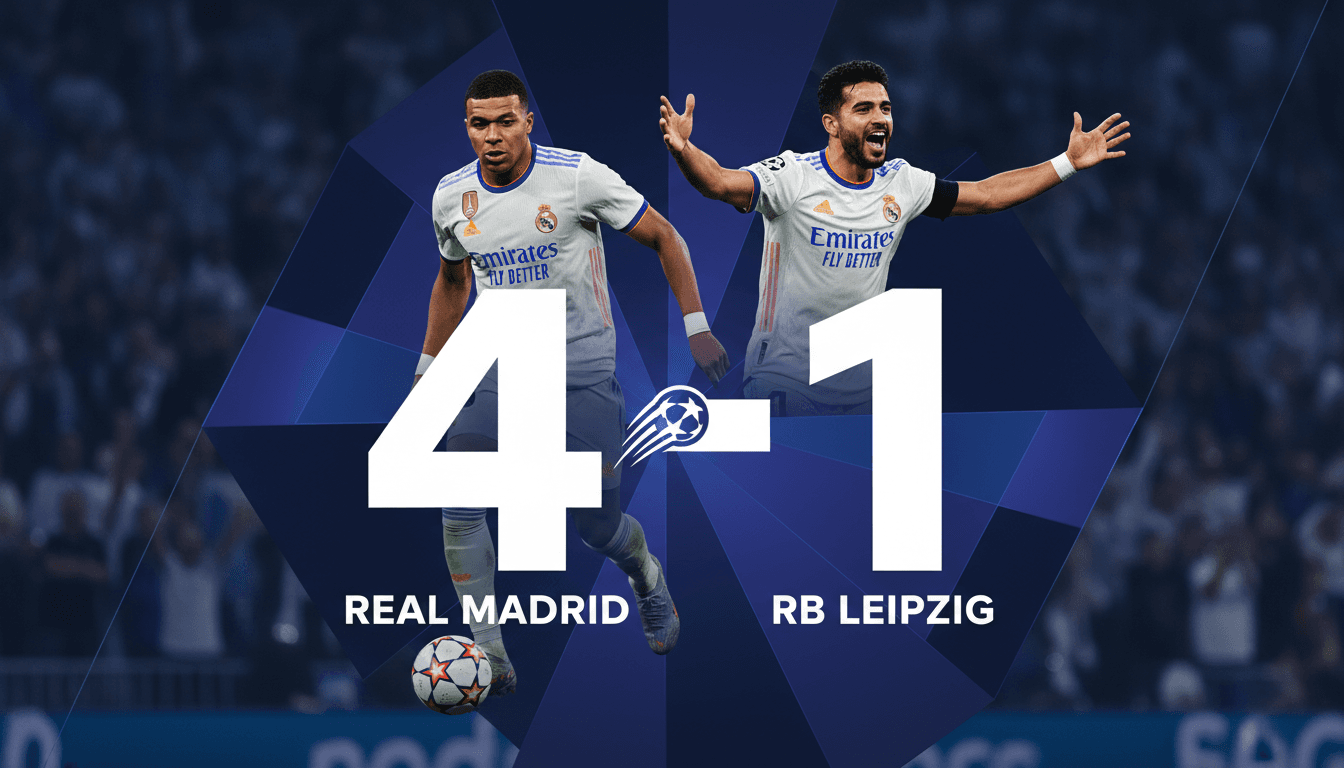 Real Madrid players celebrating a goal during their 4-1 victory over RB Leipzig in the UEFA Champions League.