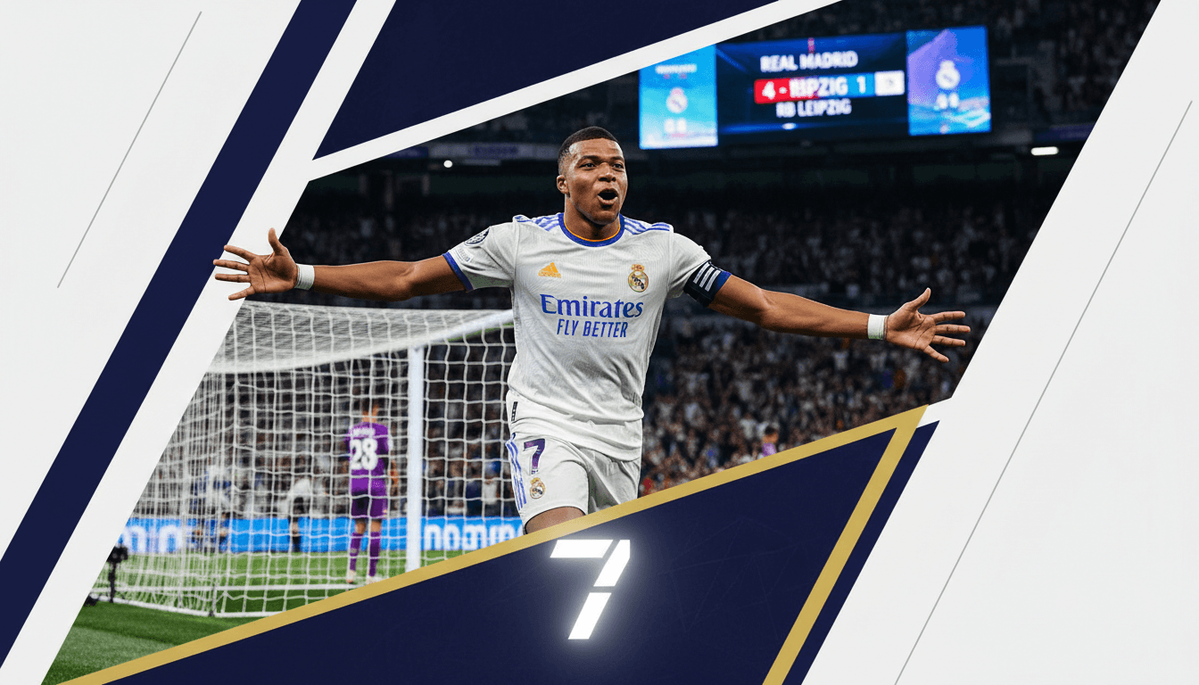 Kylian Mbappé celebrating his goal during Real Madrid's match against RB Leipzig in the UEFA Champions League.