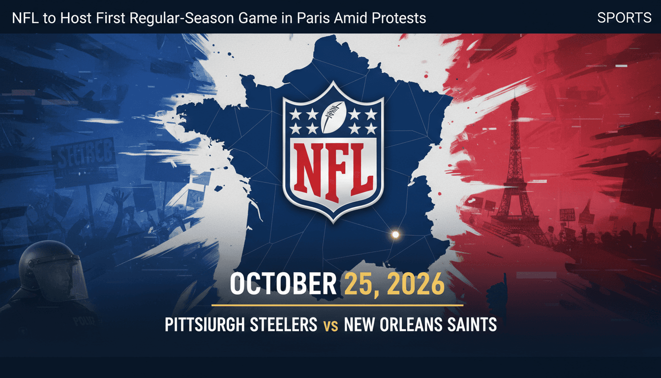 NFL logo on a map of France, highlighting the inaugural Paris game amidst protests.