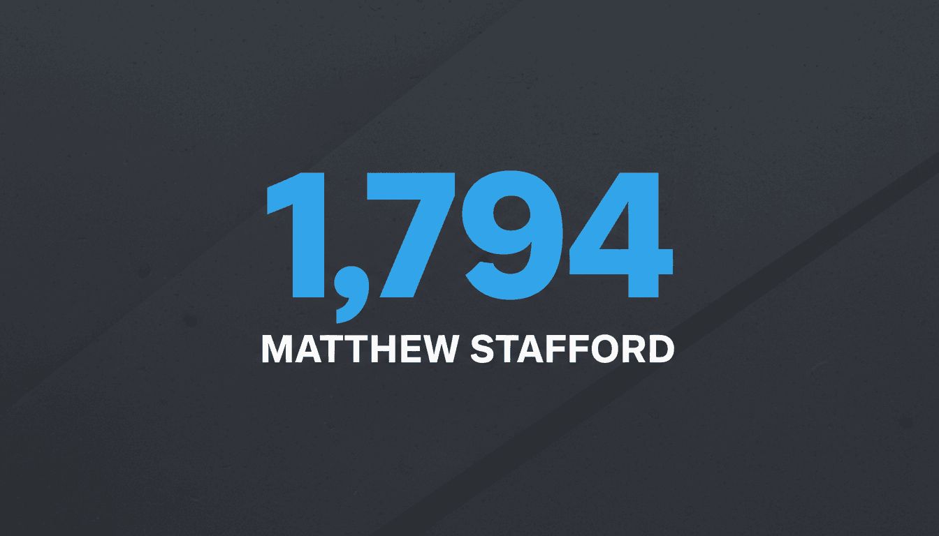 Minimalist typographic graphic showing 1,794 passing yards for the Rams vs Raiders preview