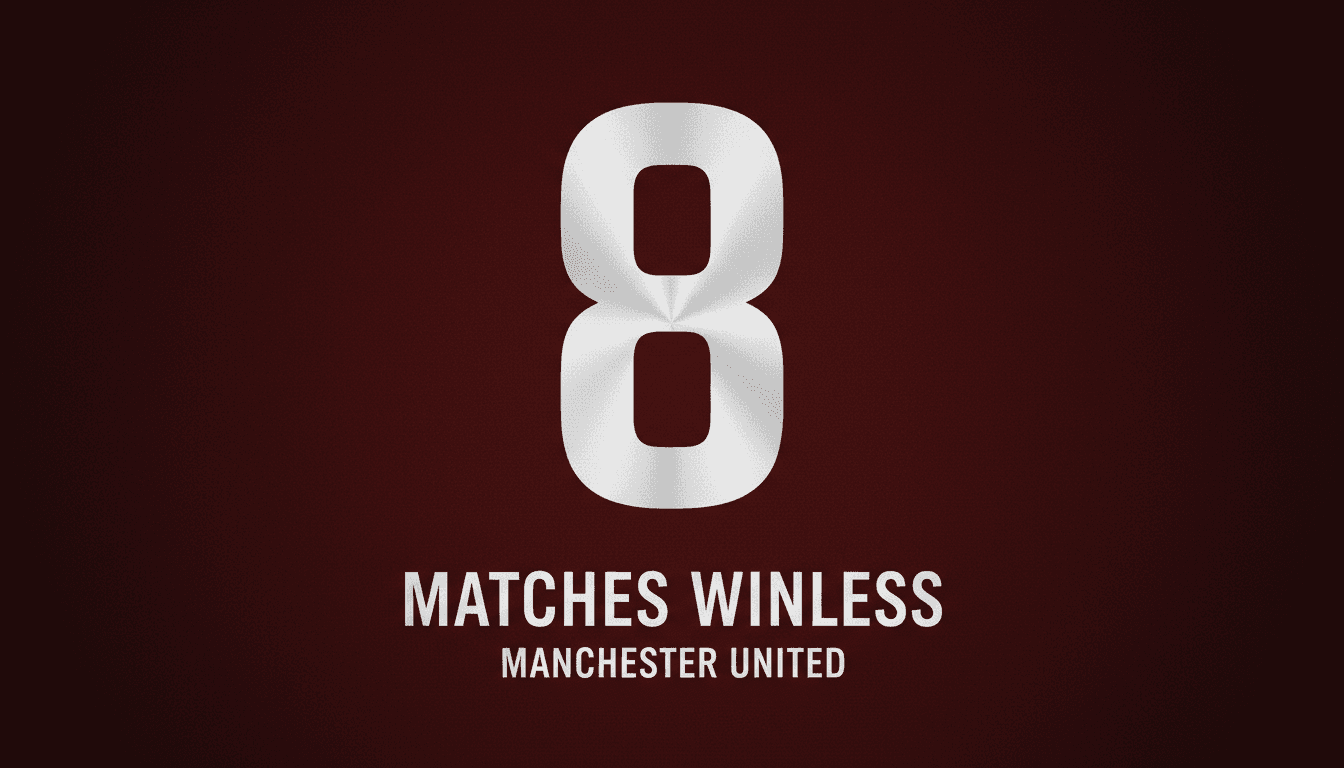 Minimalist dark graphic displaying the number eight, highlighting Manchester United's winless run under Michael Carrick.