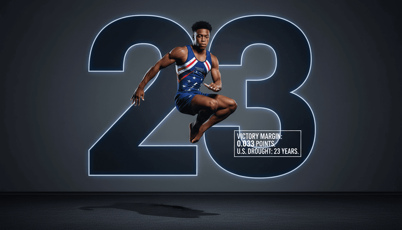 American gymnast Frederick Richard completes a championship floor exercise routine during the 2026 World Championships final.