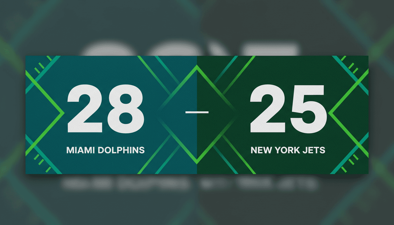 Minimalist scoreboard display showing Miami Dolphins 28 New York Jets 25 scoreline