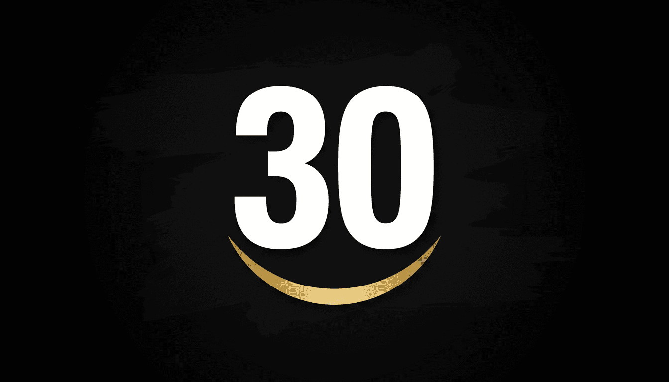 Minimalist dark visual card displaying the number 30 representing the 2026 Ballon d'Or nominees shortlist