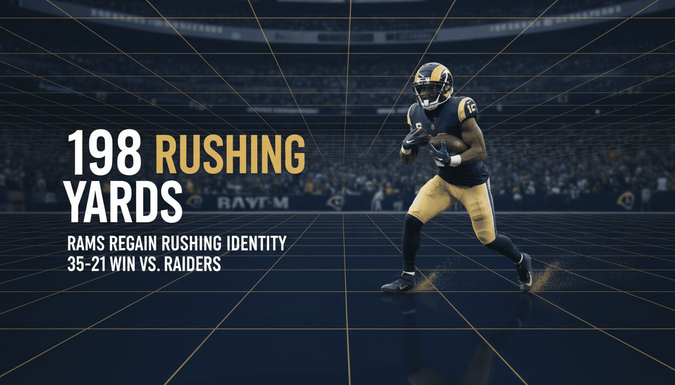 Minimalist card featuring bold typography highlighting the Los Angeles Rams' 198 rushing yards against the Raiders.