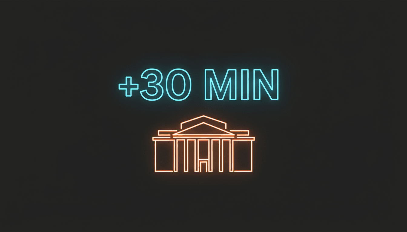 Minimalist dark display showing a 30-minute delay graphic for the 2026 Ballon d'Or ceremony in London