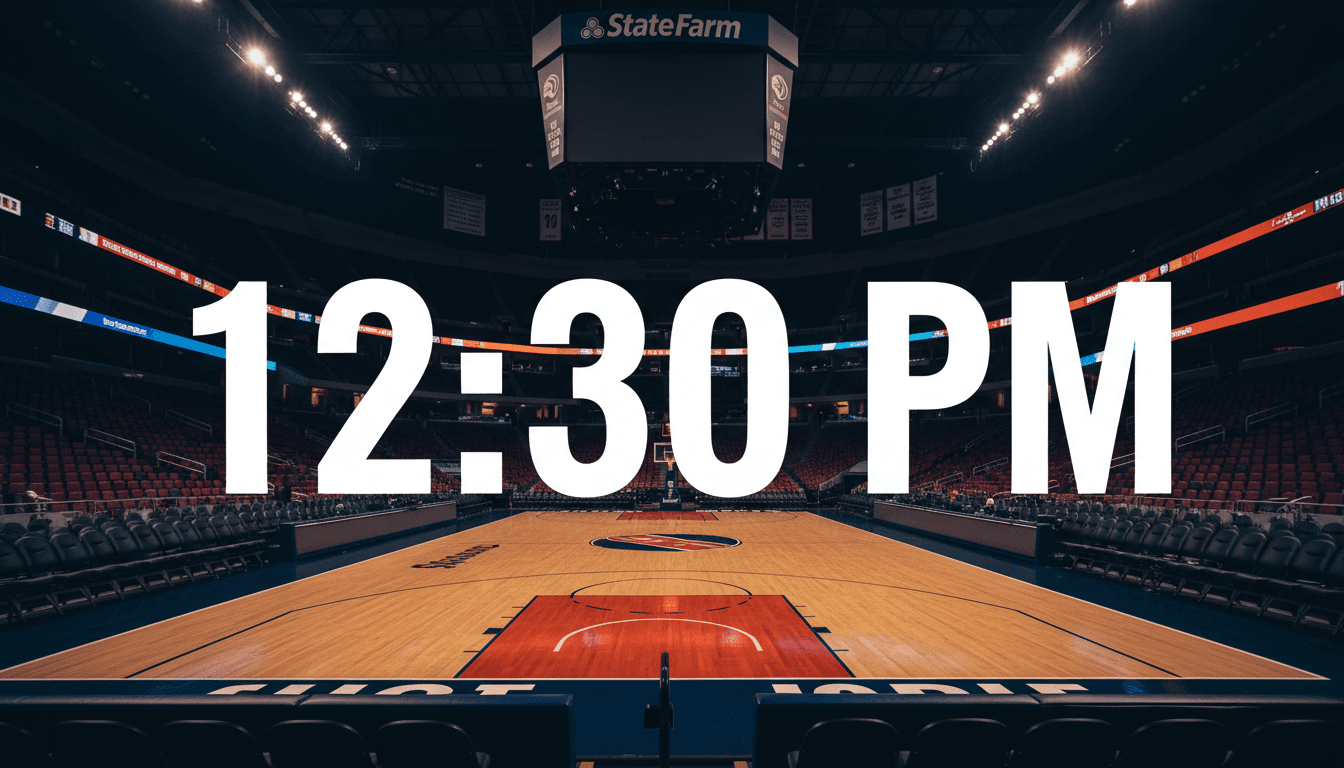 State Farm Arena basketball court displaying WNBA Finals Game 6 branding before midday tip-off