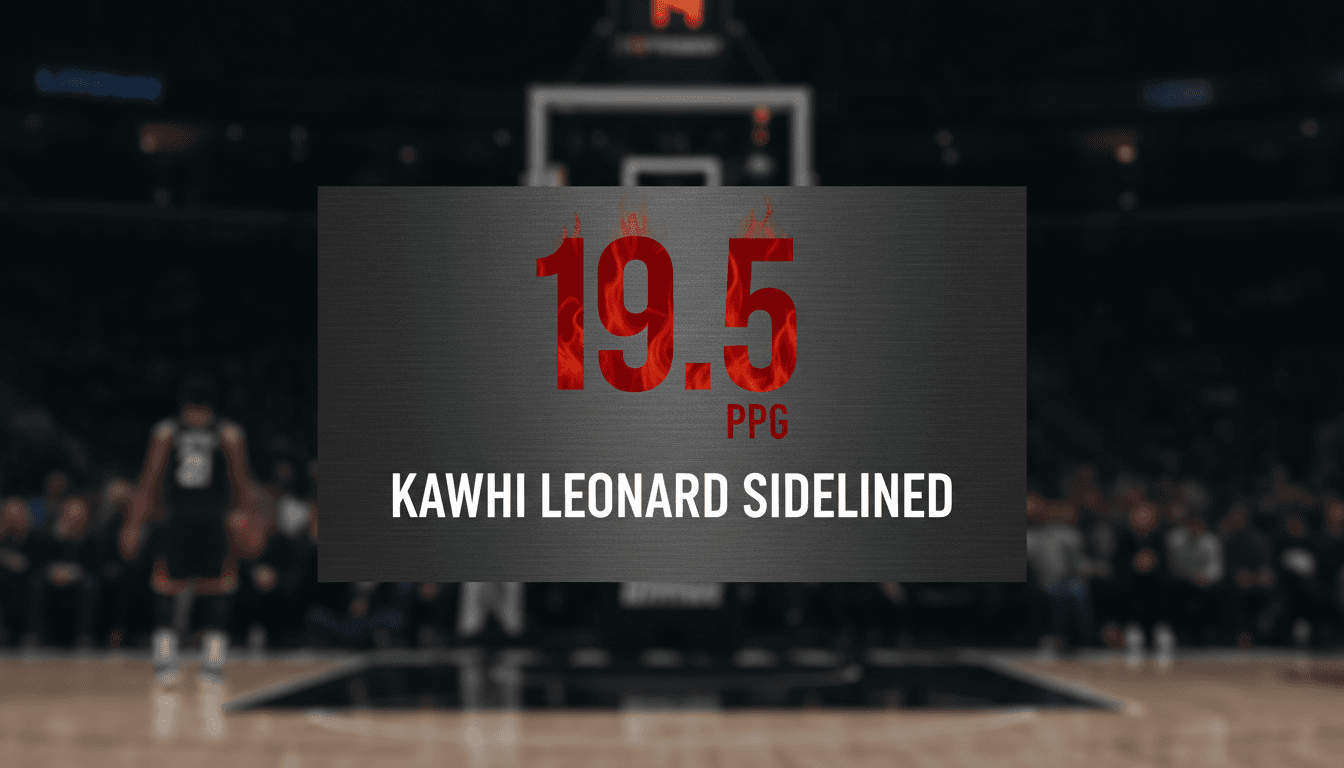 Bold red graphic showing 19.5 points per game alongside text about Kawhi Leonard knee swelling update