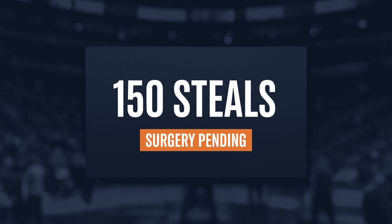Minimalist text graphic highlighting Cason Wallace injury and 150 steals statistic for OKC Thunder