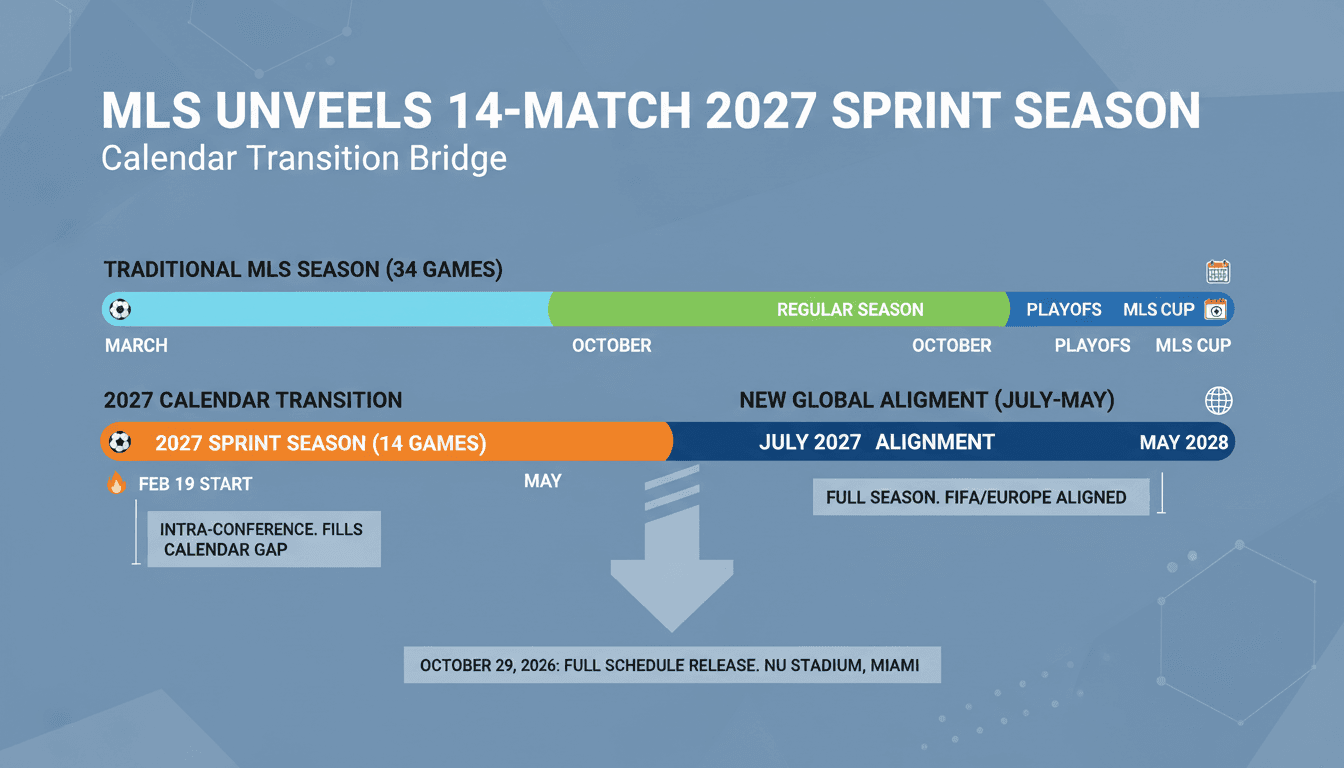 Diagram of the 2027 MLS Sprint Season timeline detailing 14 matches bridging toward global calendar alignment