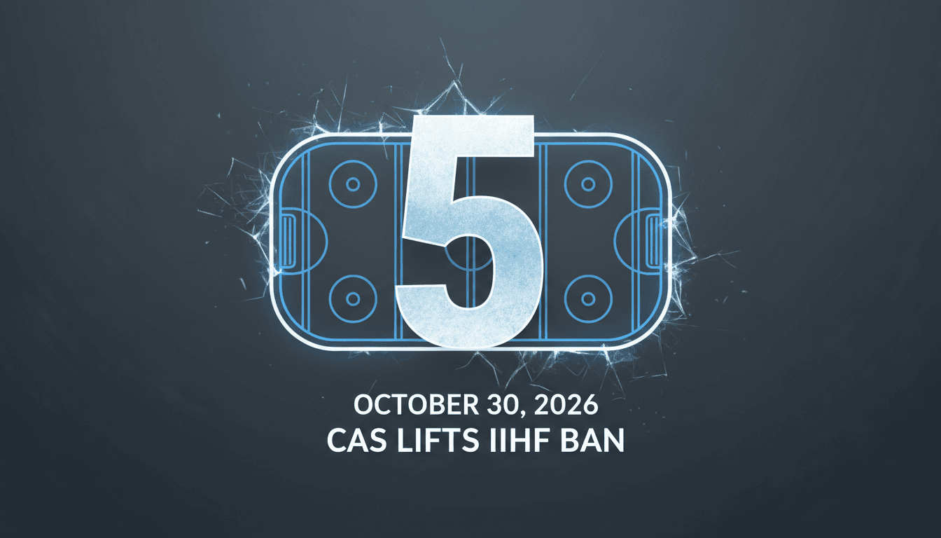 Clean minimalist graphic of an ice hockey rink with bold text on the CAS Russian hockey ruling