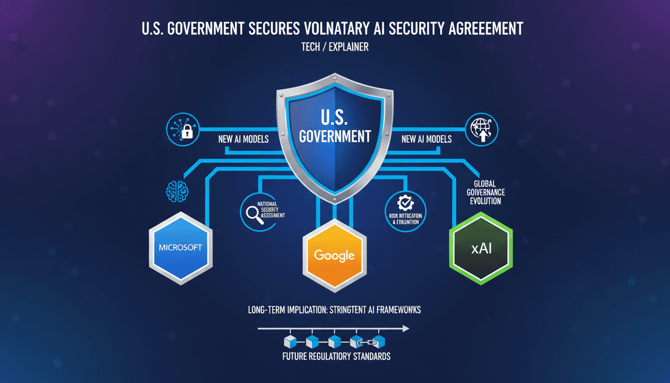 Infographic showing the U.S. government's AI security vetting process with Microsoft, Google, and xAI.