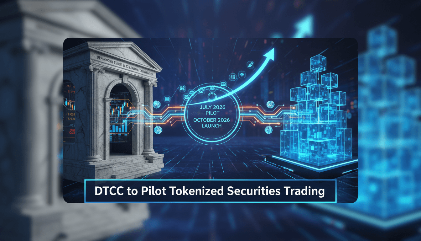 DTCC logo with a blockchain background representing innovation in finance.