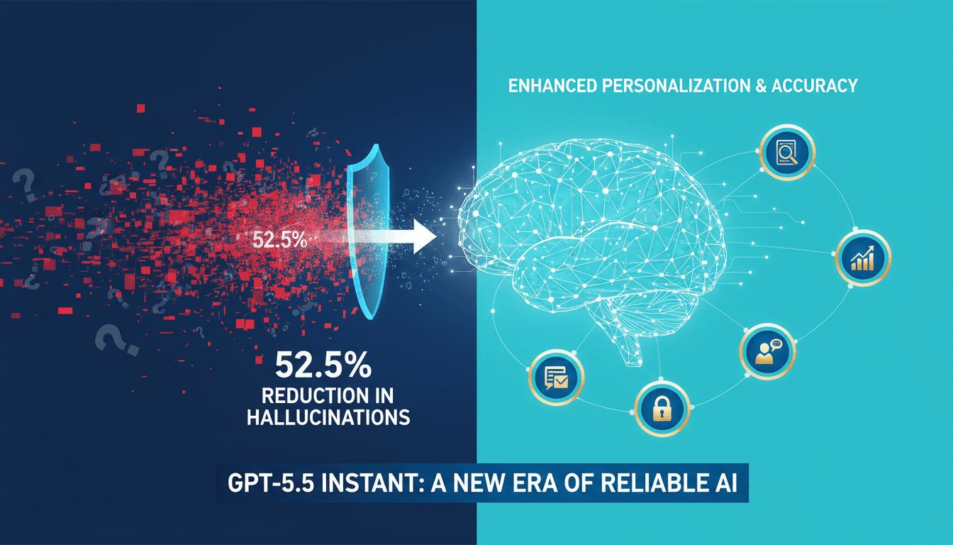 Infographic showing the benefits of OpenAI's GPT-5.5 Instant, including reduced hallucinations and improved personalization.