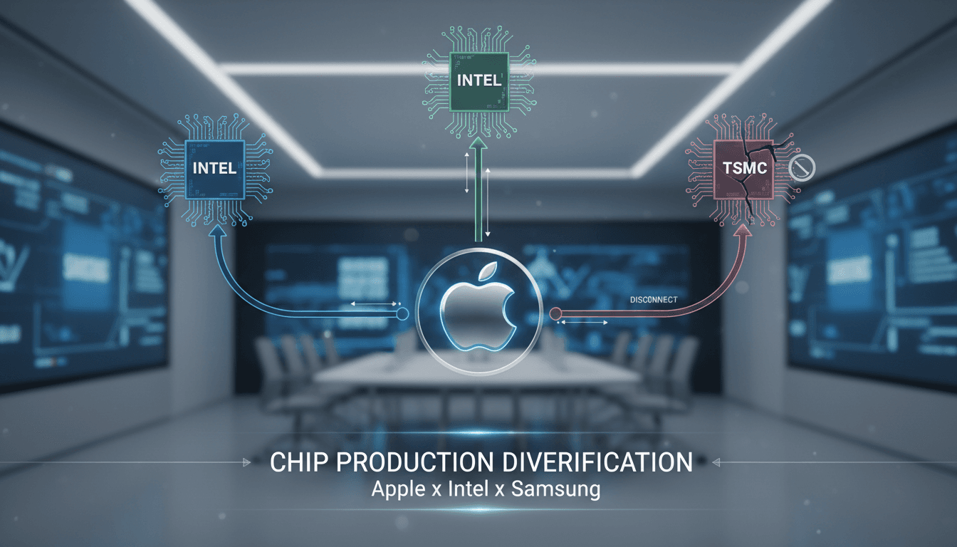 Apple logo with Intel and Samsung logos representing partnerships in chip production.
