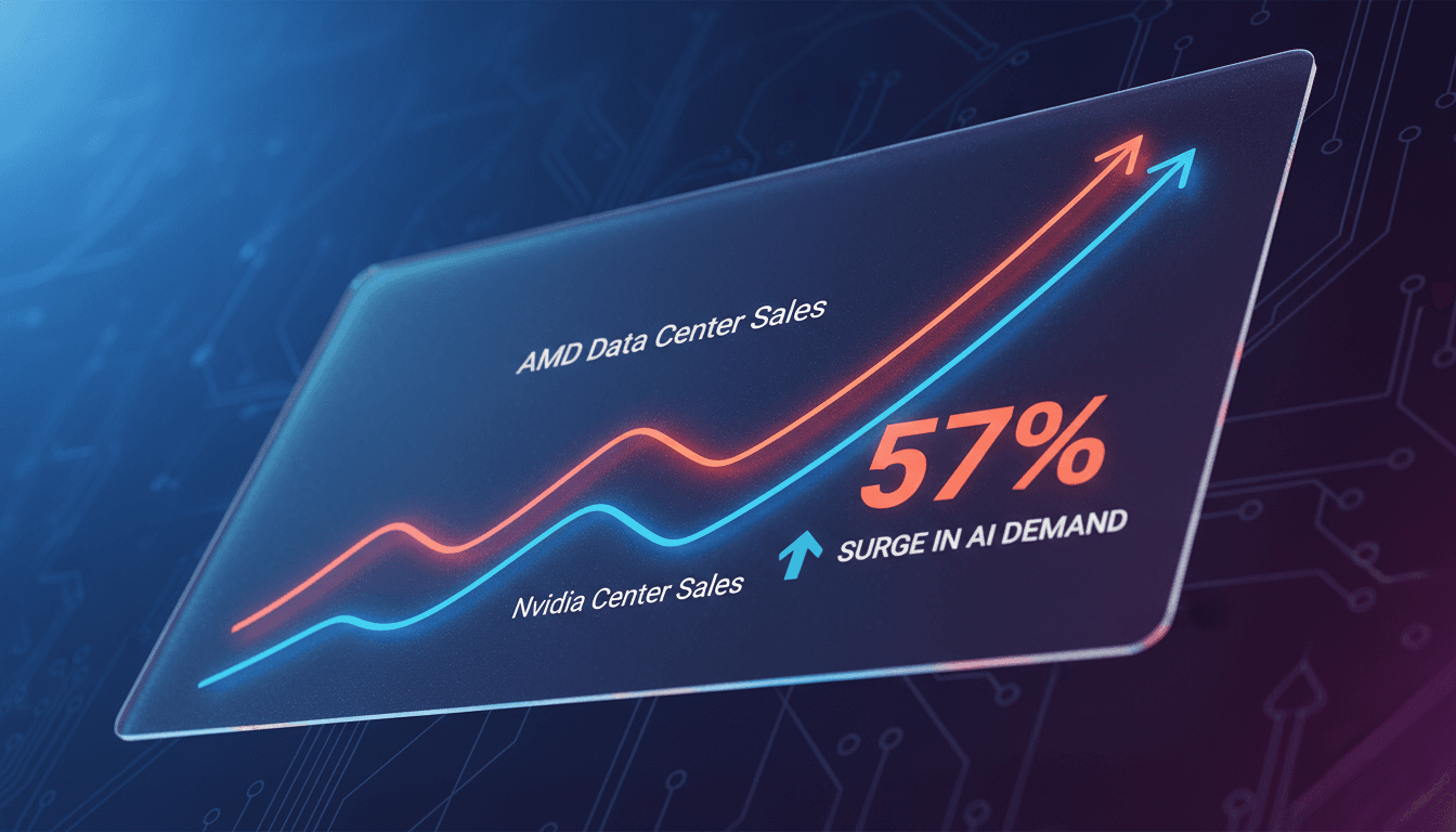 AMD logo with a graph showing sales growth in data centers