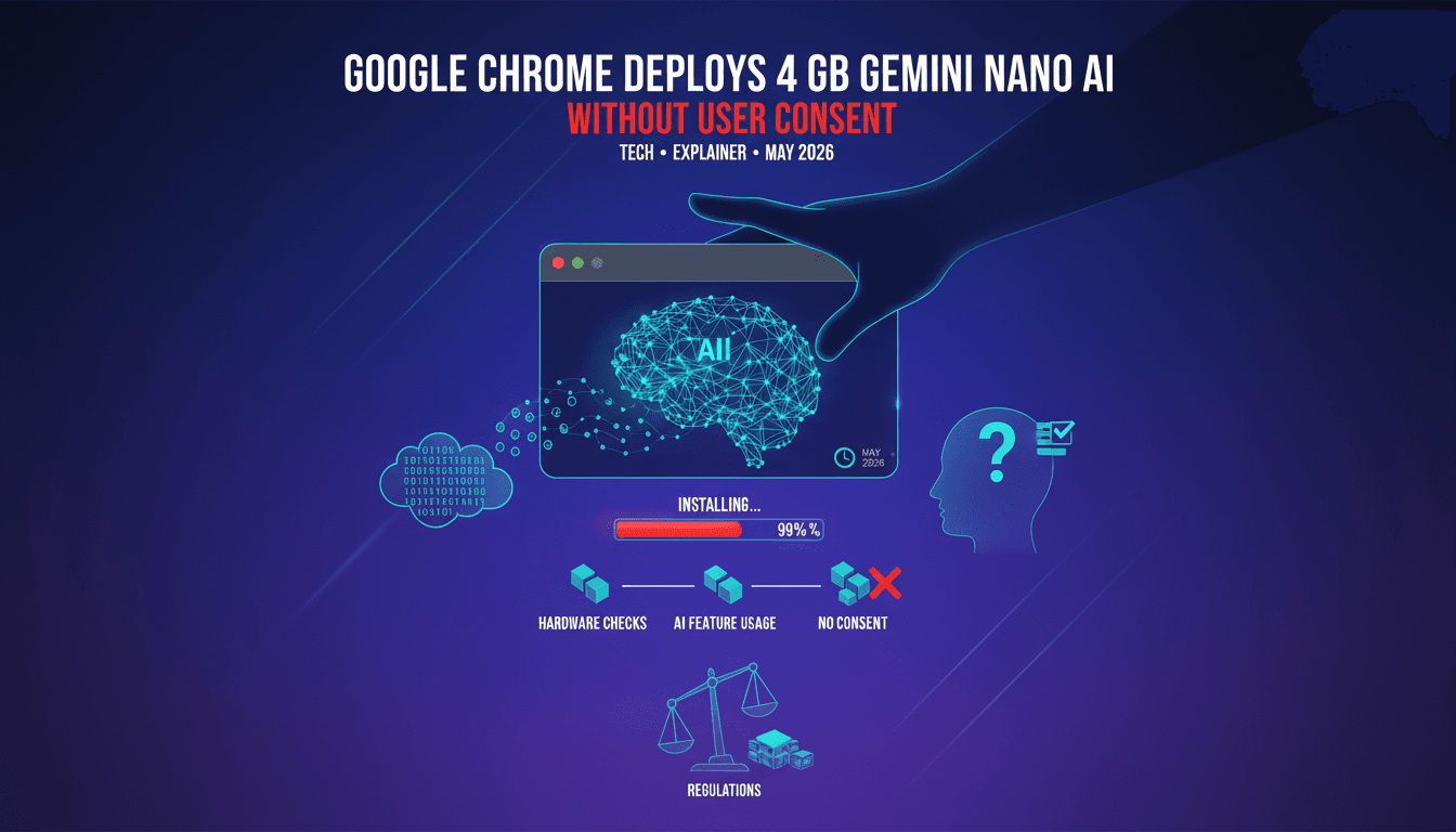 Infographic showing the silent deployment of Google Chrome's 4 GB Gemini Nano AI model and its privacy implications.