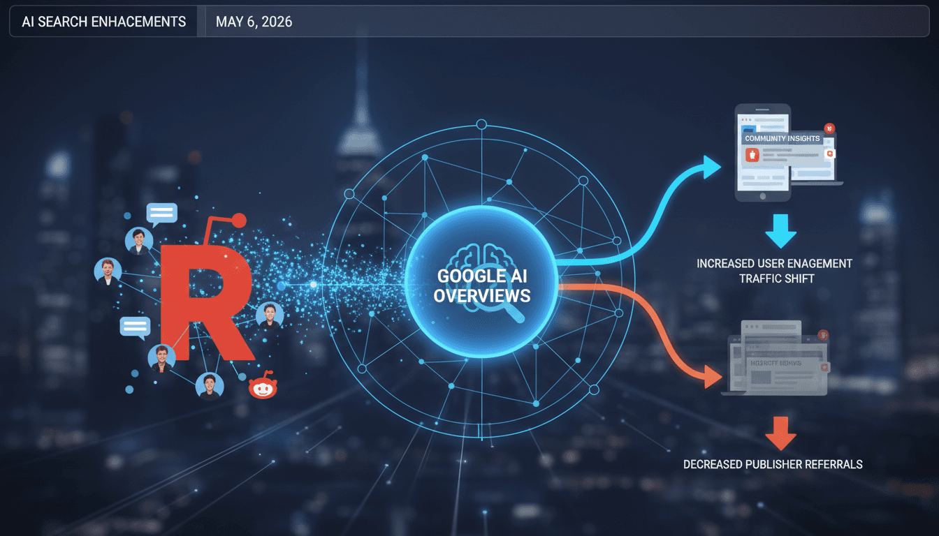 Infographic showing the integration of Reddit insights into Google AI Overviews and its impact on user engagement.