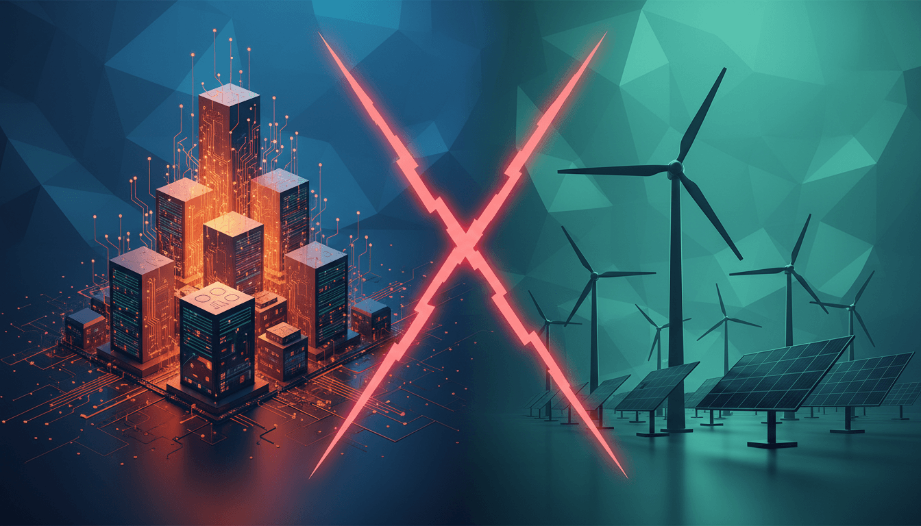 Microsoft logo with a backdrop of data centers and renewable energy symbols.