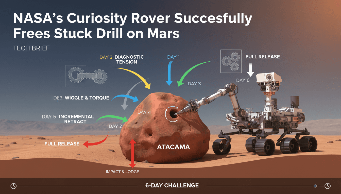 NASA's Curiosity rover working on Mars to free its drill from a rock.