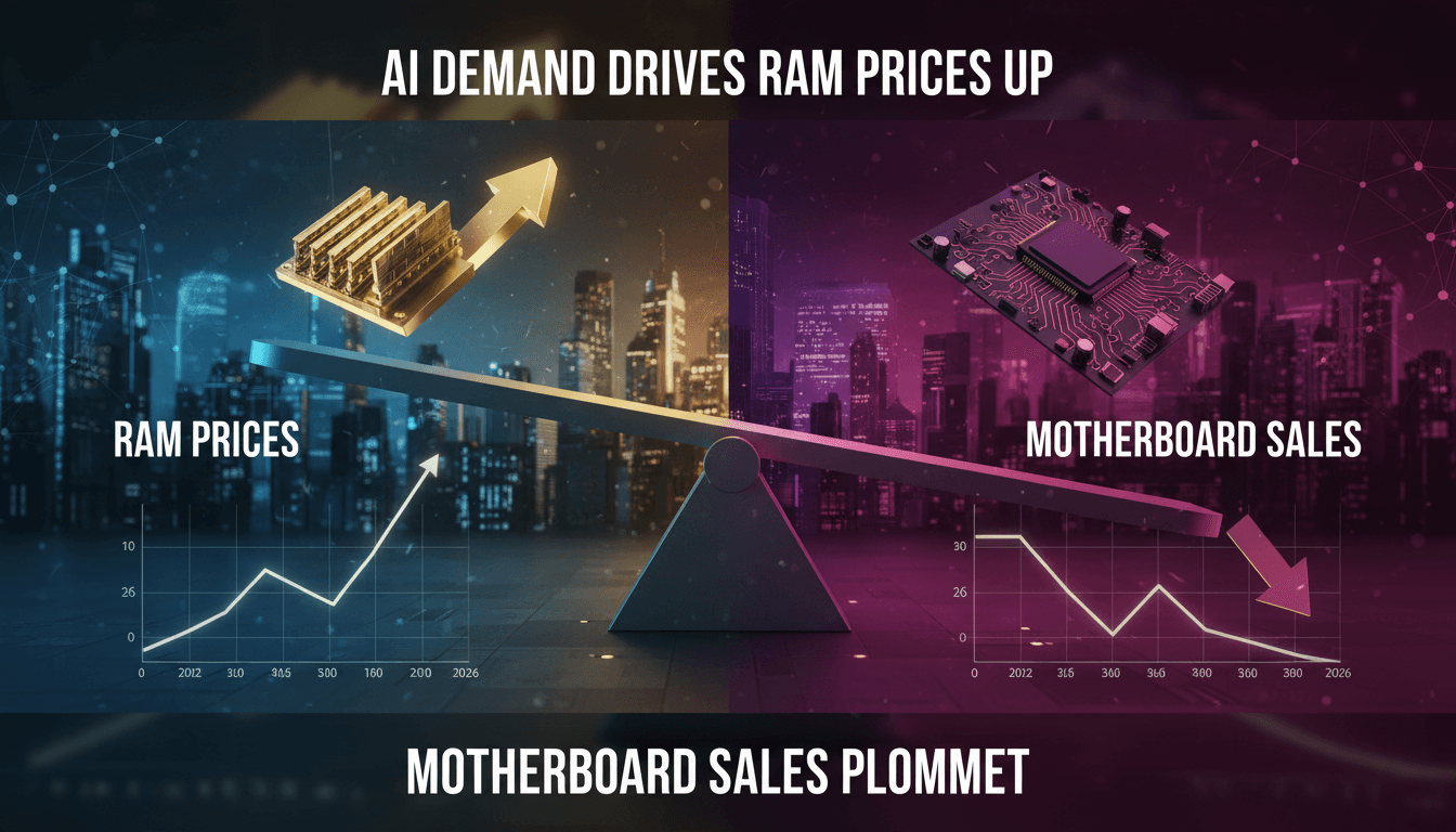 Graph showing the decline in motherboard sales alongside rising RAM prices.