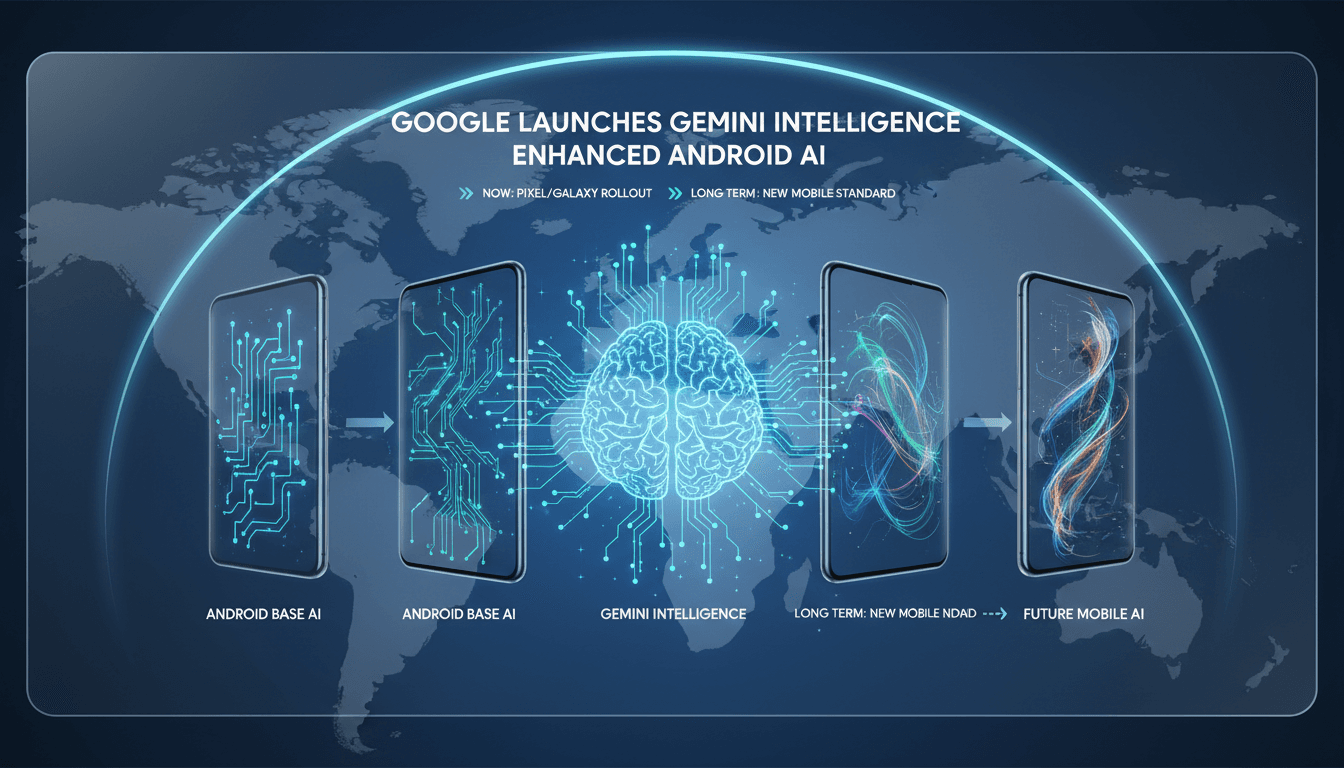 Google Gemini Intelligence logo with Android devices in the background.
