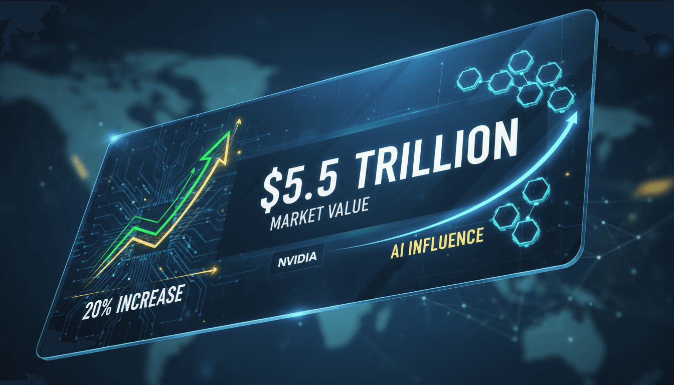 Nvidia's logo with a backdrop of stock market trends and AI technology graphics.