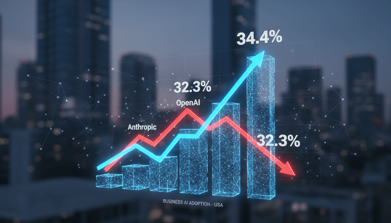 Graph showing Anthropic's rise in business AI adoption compared to OpenAI.