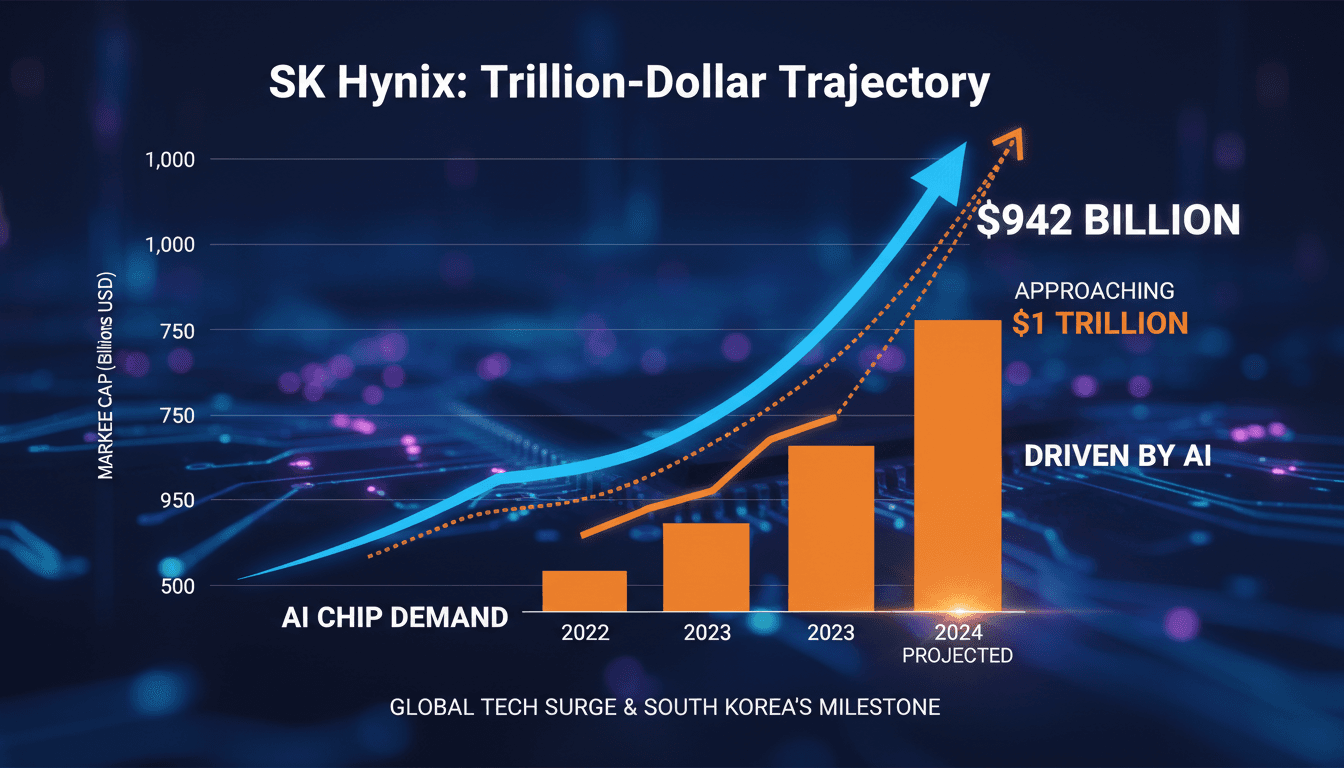 SK Hynix logo with a graph showing market cap growth