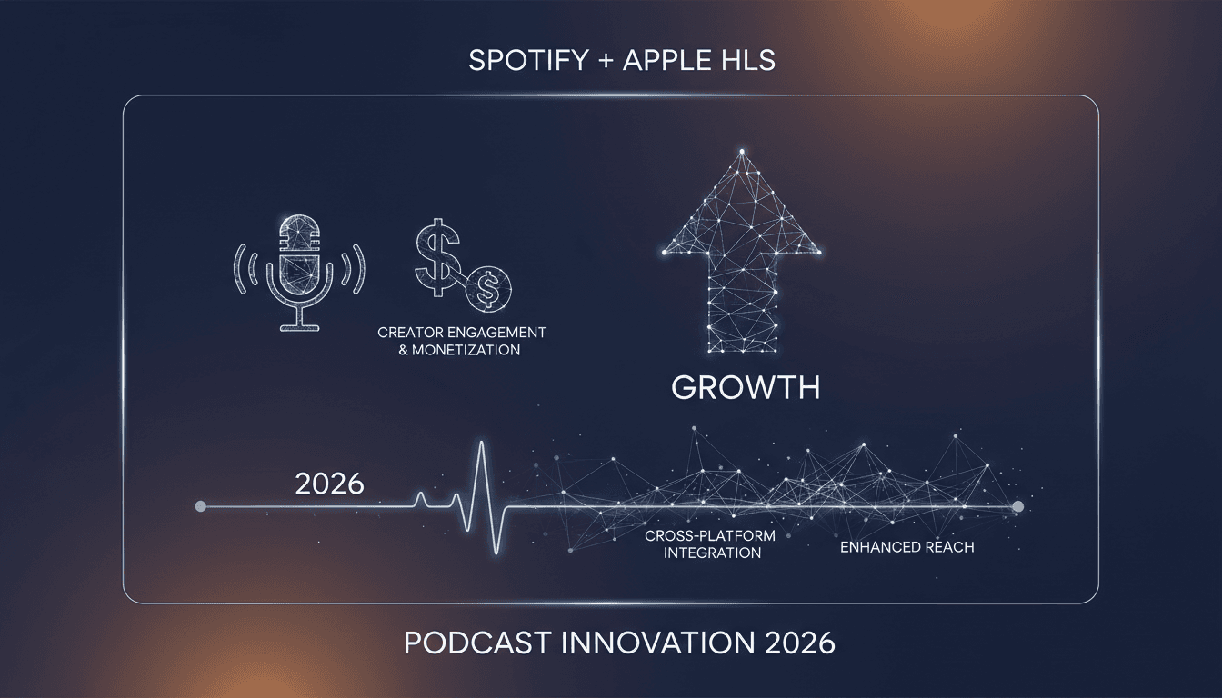 Spotify logo with video podcast graphics and HLS technology elements