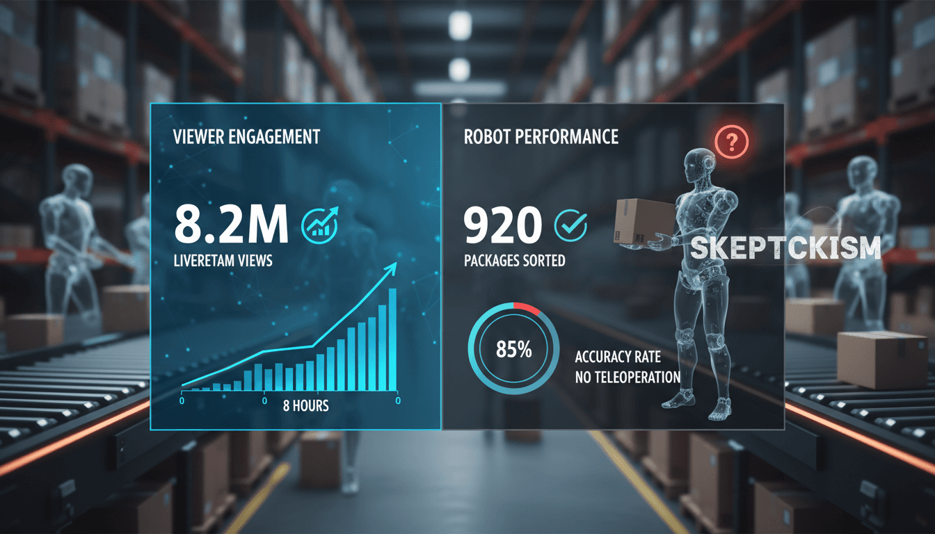 Humanoid robots sorting packages during a livestream event by Figure AI.