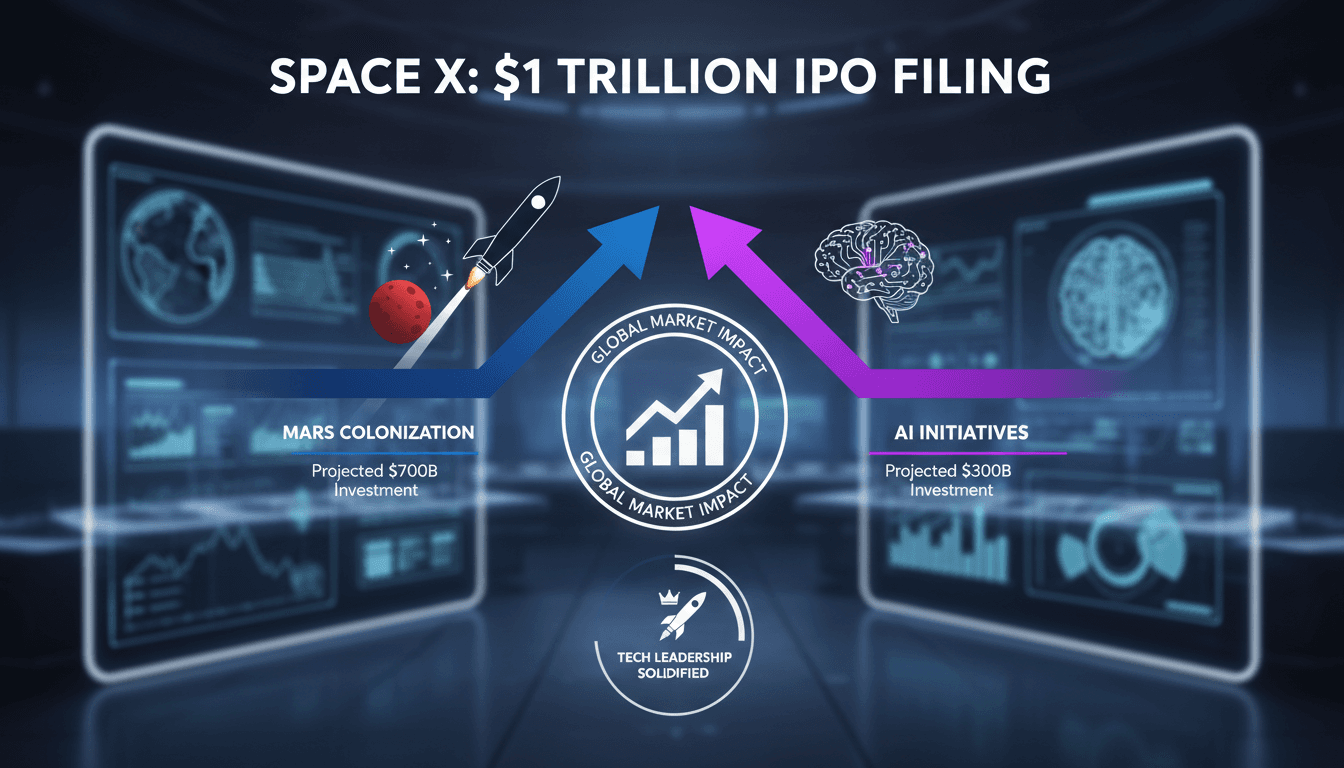 SpaceX logo with a backdrop of Mars and AI technology graphics.