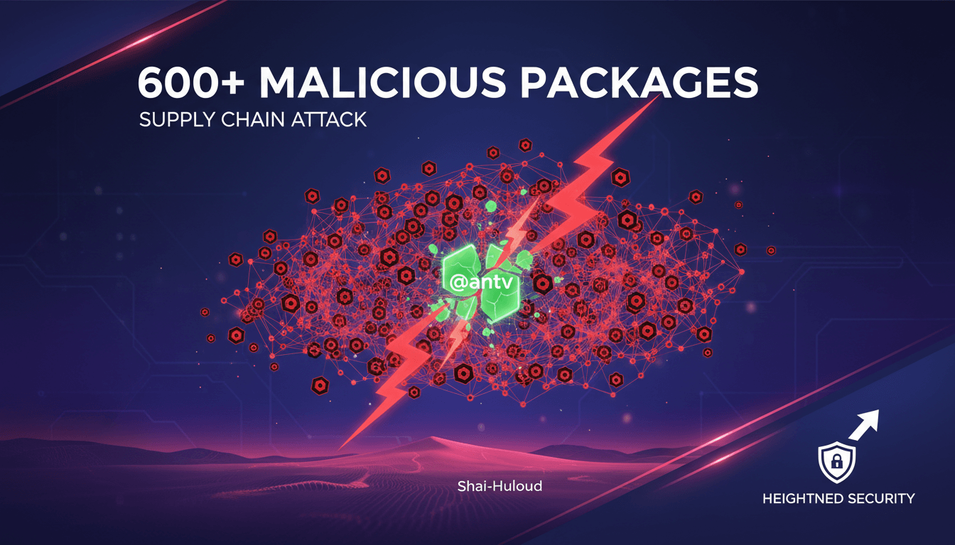 Illustration of the Mini Shai-Hulud supply chain attack on npm packages.