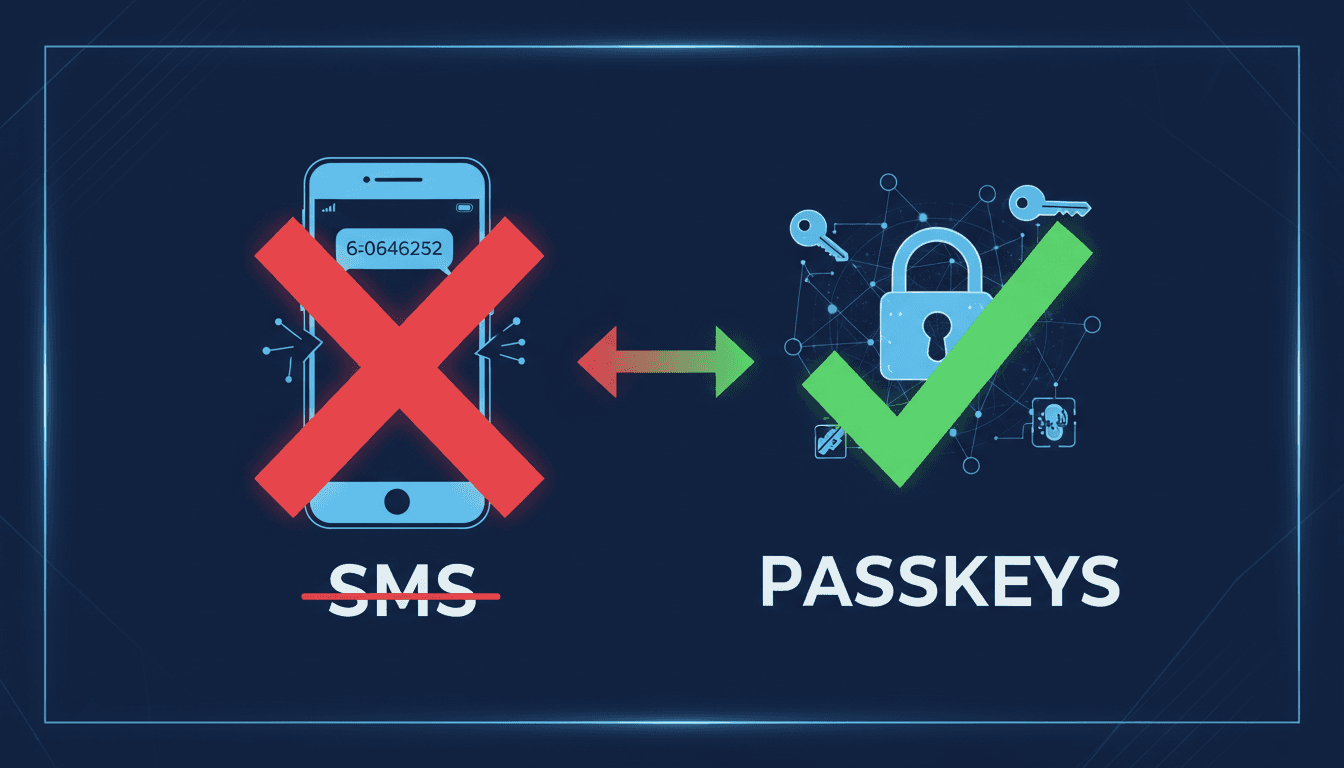 Microsoft logo with a graphic illustrating the transition to passkeys.
