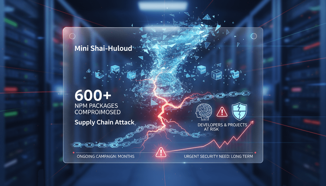 Illustration of compromised npm packages in a supply chain attack scenario.