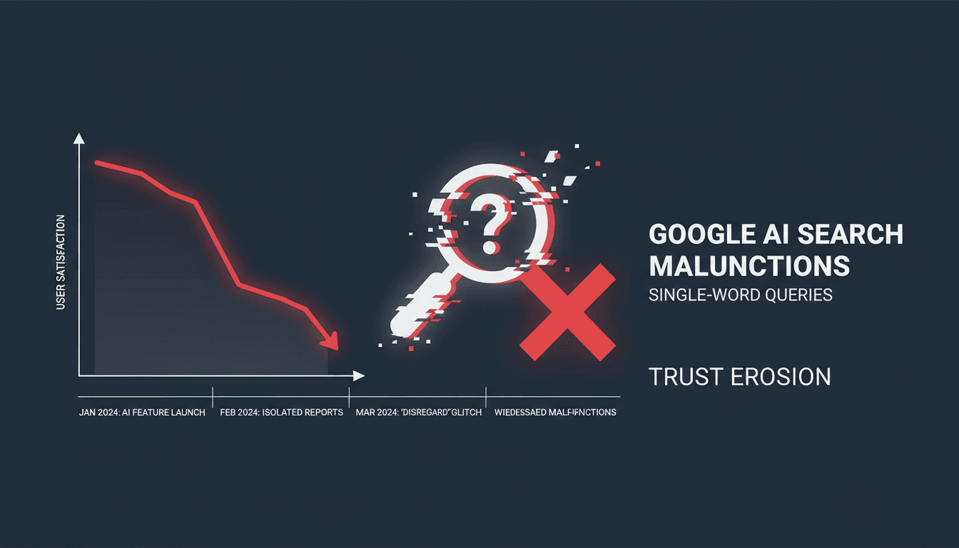 Illustration of Google's AI search feature malfunctioning with user queries.