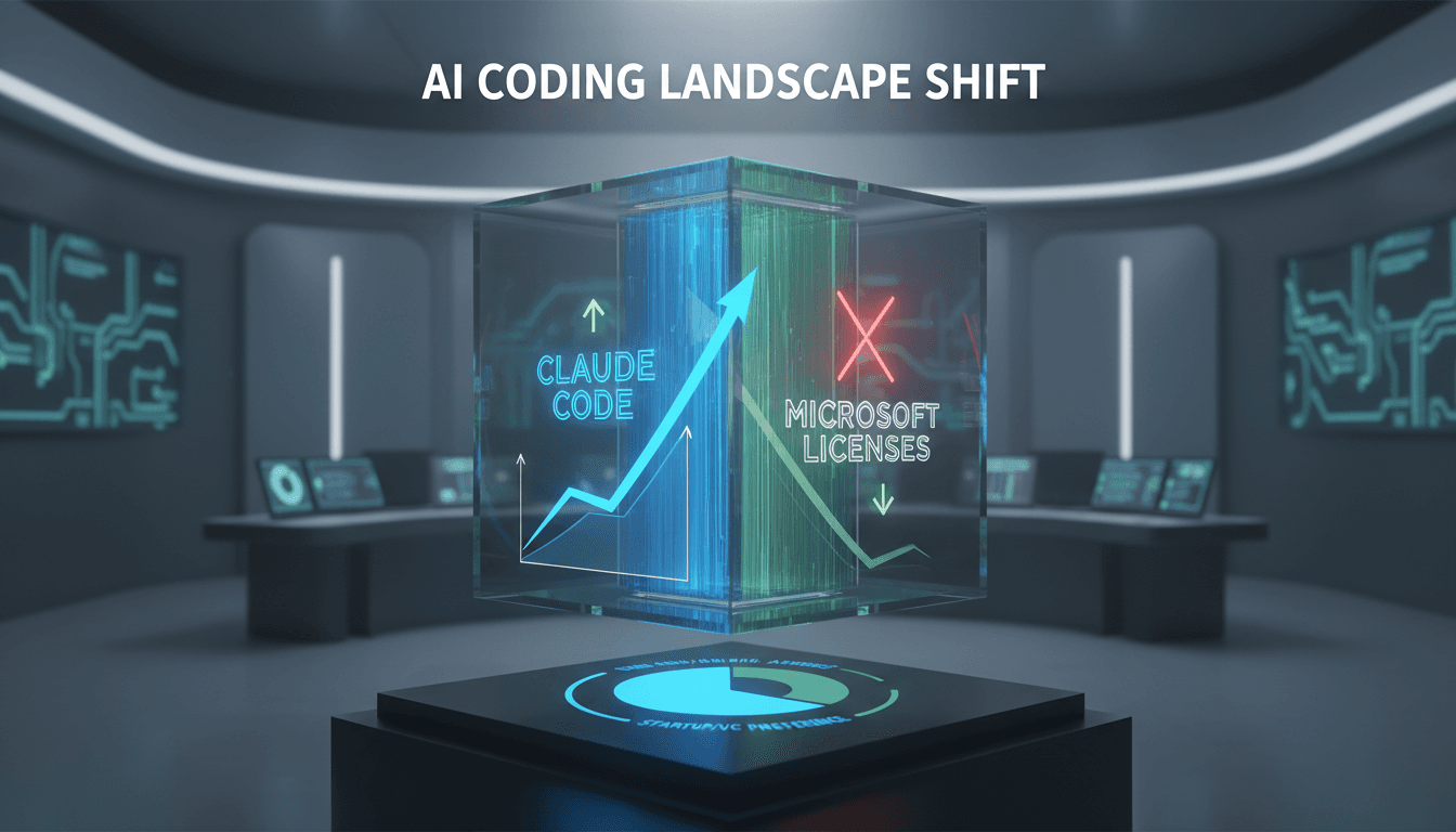 Microsoft logo with a backdrop of AI coding tools and startup imagery.